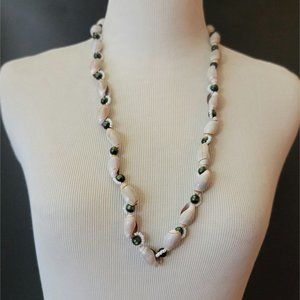 Vintage Conch + Green Glass Bead + White Seed Bead Necklace Lei 16” Hawaii Tiki